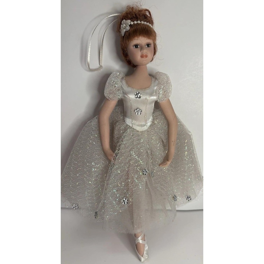 Vintage Porcelain Ballerina Doll Christmas Ornament White Tulle Dress 9"